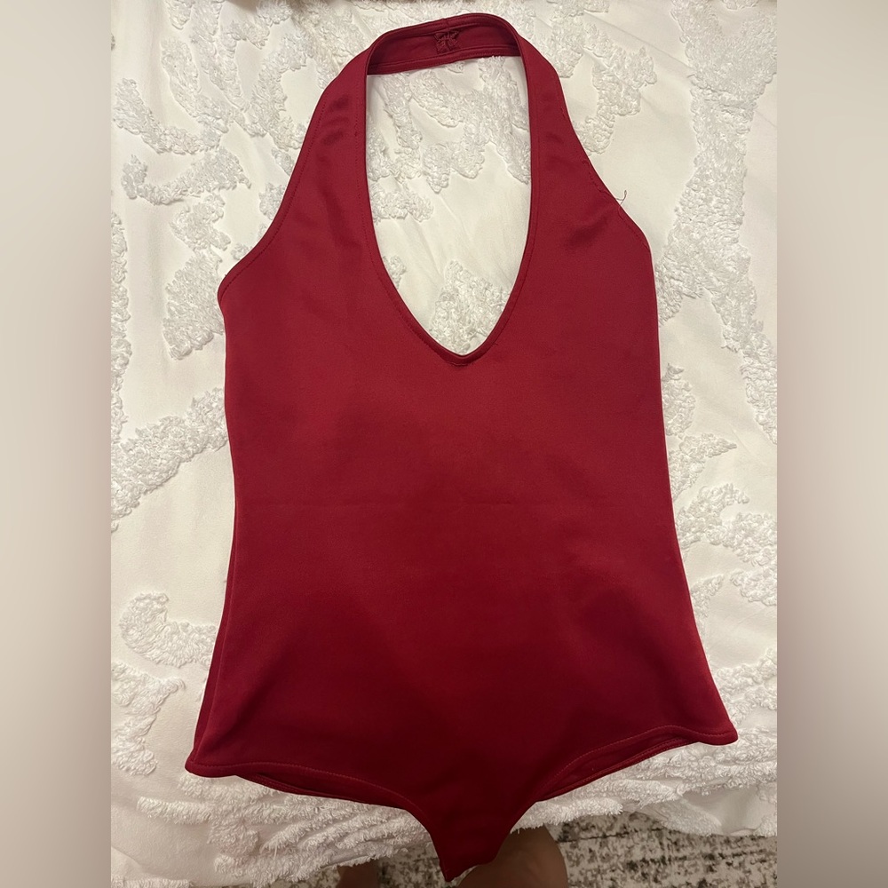 Red halter body suit